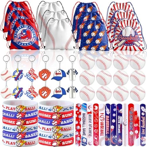 Bluegogo 72 Pcs Baseball Party Favors Baseball Birthday Party Favors Includes Baseball Bag Mini Baseball Wristband Keychain Slap bracelet for Kids Baseball Birthday Party Supplies