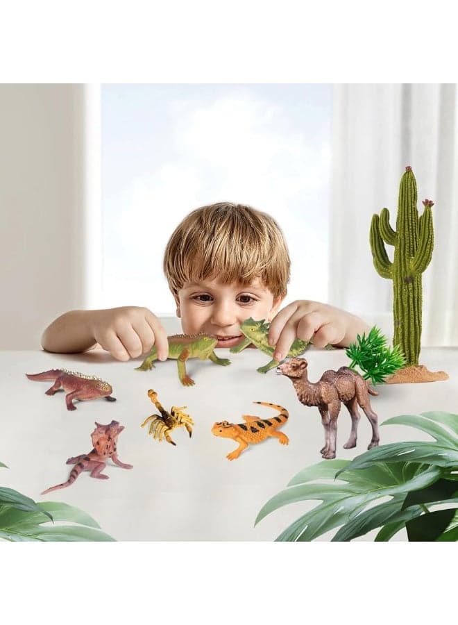 SIENON 32Pcs Desert Animal Figurines Set Model Trees Cactus Kit Desert Diorama Project with Camel Fennec Fox Rattlesnake Scorpion Lizard Reptile Toy Playset for Kids Birthday Cake Toppers Party Dcor