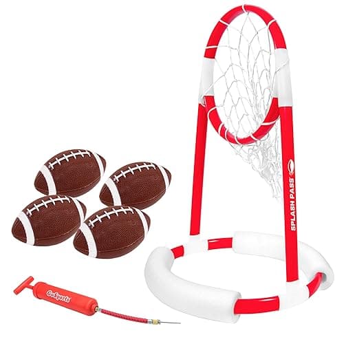 GoSports Splash Pass Floating Pool Football Game Includes Hoop 4 Footballs and Pump