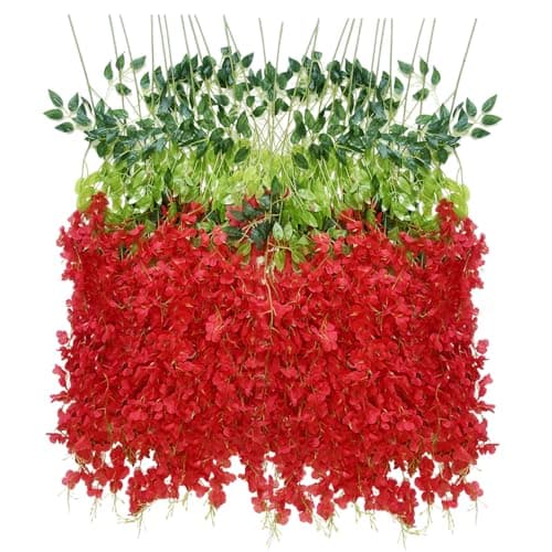 WONICE Artificial Wisteria Hanging Flowers Fake Wisteria Flower Garland Silk Vines Rattan Decor for Home Wedding Arch Wall Garden Greenery Bedroom Outdoor Office Party Decoration 12 Red