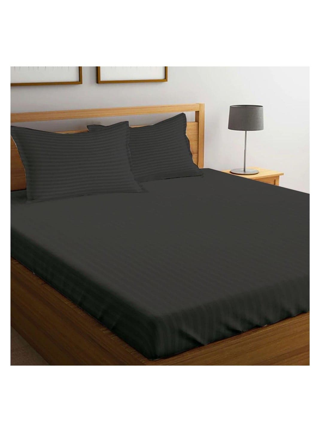 Tulip (Charcoal) King Size Fitted Sheet with 1 cm Satin Stripe (180 x 210 + 30 Cm-Set of 1 Pc) 100% Cotton, Soft and Luxurious Hotel Quality Bed linen-300 TC
