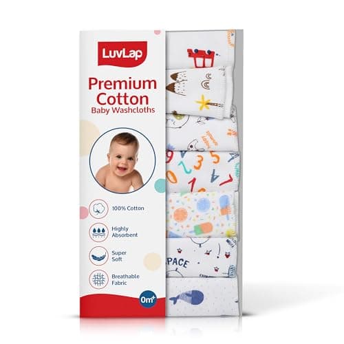 LuvLap Hosiery Cotton Cloth Premium Baby Washcloth for New Born, Washable (30 cm x 30 cm), Reusable, Absorbent, Extra Soft Face Towels/Washcloth for Babies, Alphabets Print, Pack of 7 Pcs, Multicolour