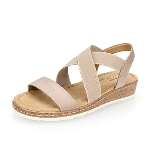 VJH confort Women's Flat sandals, Comfort Slip-on Elastic ankle strap Slingback Light Weight Casual Walking Sandals (beige,9)