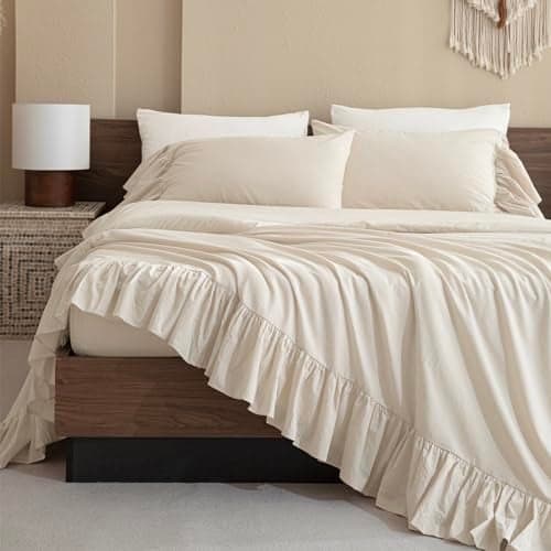 QSH 100% Cotton Queen Sheet Set, Ruffle Bed Sheets Wheat Farmhouse Shabby Vintage Chic Bedding 3 Pieces Aesthetic French Country Queen Bed Set Soft Breathable