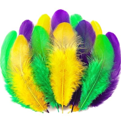 Soarer 300pcs Mardi Gras Feathers for Crafts - 3-5inch Feathers Bulk for Wedding Home Party, Dream Catcher Supplies and DIY Crafts(Mardi Gras)