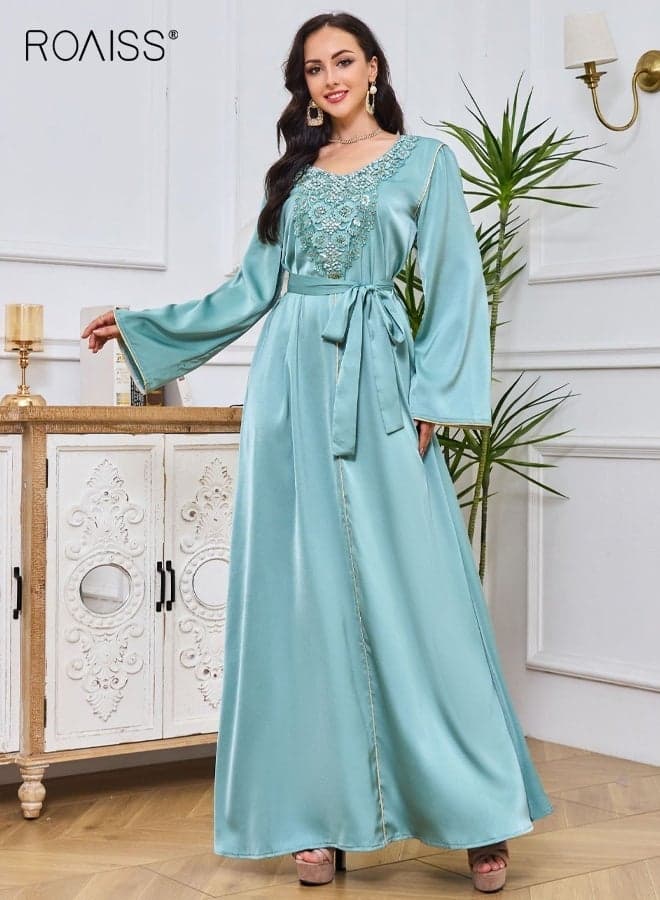 Women Elegant Abaya Dress with Belt, Beaded V Neck Flare Sleeve Maxi Kaftan, Luxury Muslim Dress for Ladies, Modest Party Gown, Suitable for Daily Wear, Wedding, Ramadan, Eid and Outdoor Activities