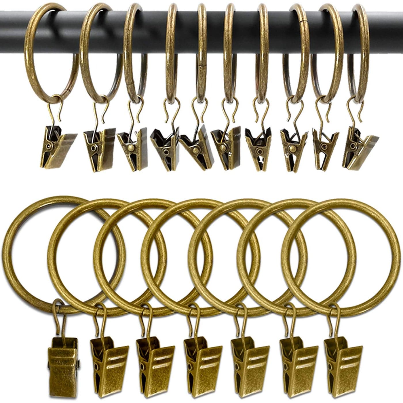 AMZSEVEN 100 Pack Metal Curtain Rings with Clips Drapery Clips Hooks Decorative Curtain Rod Clips 15 in Interior Diameter Antique Bronze
