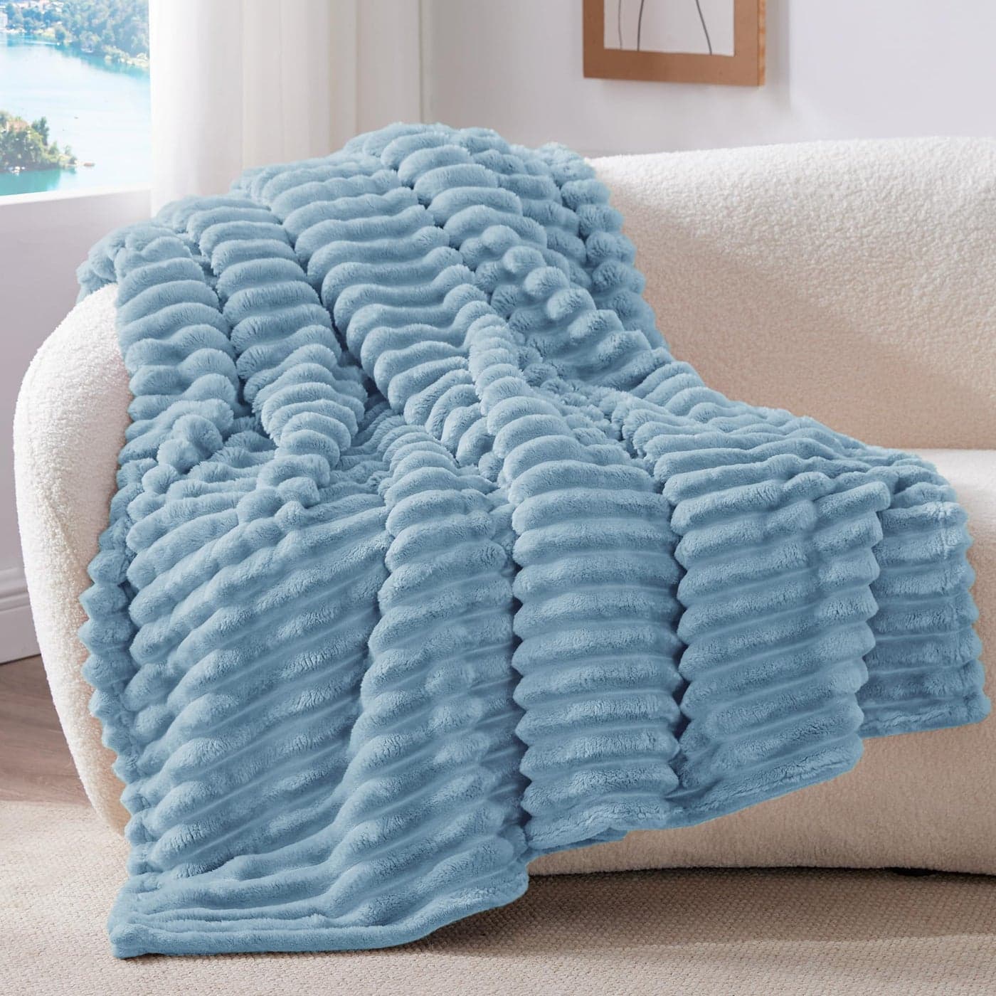 BEDELITE Twin Blanket for Couch Bed 300GSM Soft Warm Fleece Blanket Decorative and Giftable Striped Light Blue Blankets for Women Men 60x80