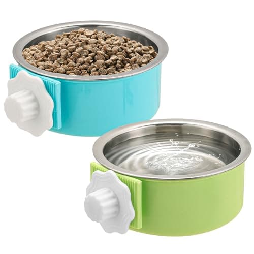 Mechpia 2 Pieces Crate Dog Bowl, Removable Stainless Steel Pet Kennel Hanging Food Water Feeder Bowl Cage Coop Cup for Puppy Medium Dog Cat Rabbit Ferret Bird (Blue,Green)