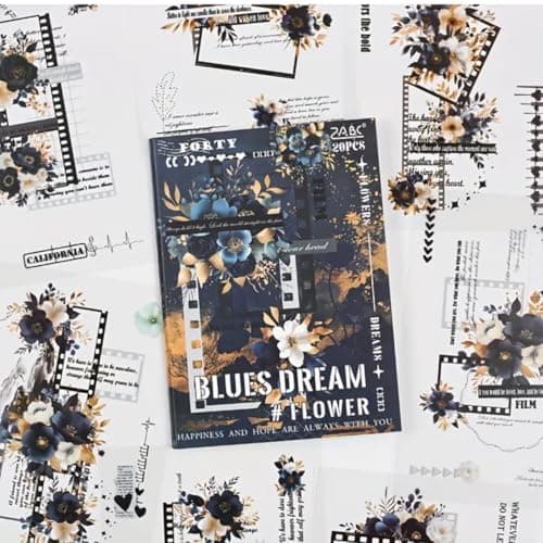 R H LIFESTYLE Self Adhesive 20 Sheets Vintage Retro Decorative Nature Stickers Japanese Style Journaling Supplies Cute Stickers Set for Scrap Book (Design 4, Blues Dream)