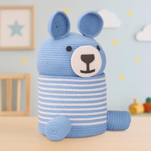 The Furnishers Cotton Premium Rope Bear Basket with Lid | Kids Toy Laundry Storage Hamper Decorative Nursery Organizer for Blankets, Clothes | Cute Animal Design – Ideal Birthday Gift - Blue 30x20 CM