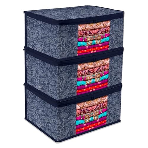 Kuber Industries Non-Woven Saree Storage Bag for Wardrobe with Visible Window |Cloth Storage Organizer | Flower Printed | 9 Inch | Pack of 9 | Navy Blue