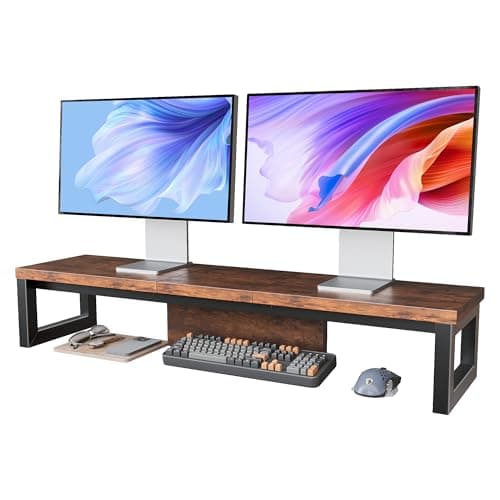HEWORLIF Dual Monitor Stand Riser Wood and Steel Monitor Riser Long Computer Monitor Stands for 2 Monitors Desk Shelf for Computer Laptop Printer TV Brown