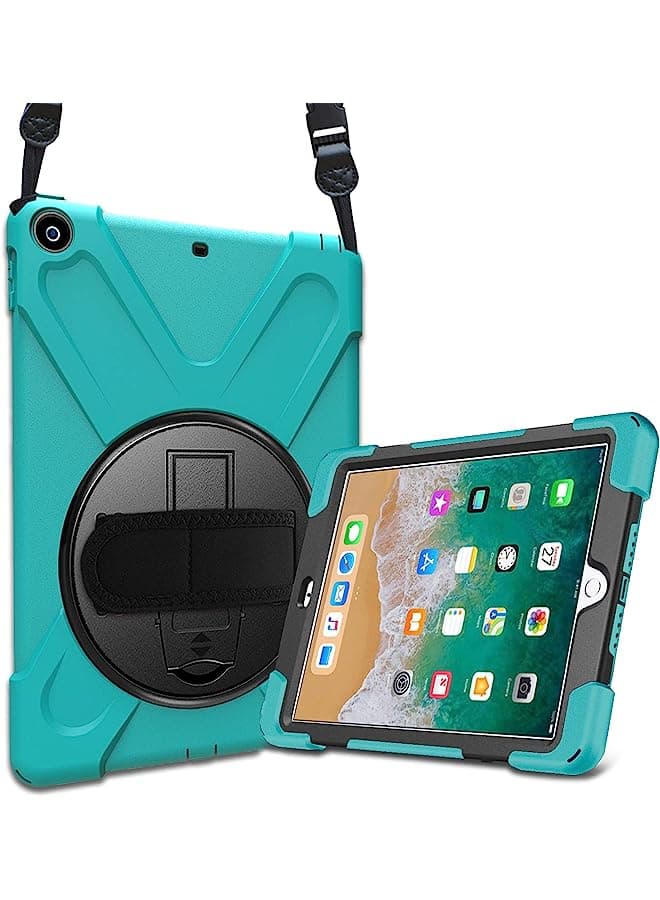 Ipad 9.7 2018 2017 (6Th / 5Th Gen) Rugged Case With Hand Strap, Shockproof Heavy Duty Protective Case Cover, With 360 Degree Rotating Kickstand Shoulder Strap -Teal