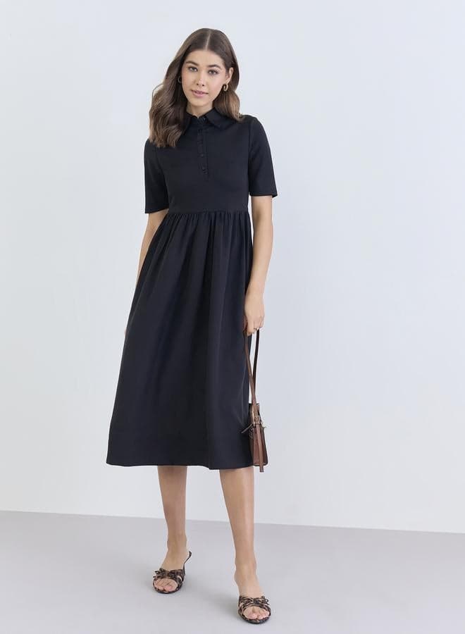 Women Black Short Sleeves A-Line Midi Dress