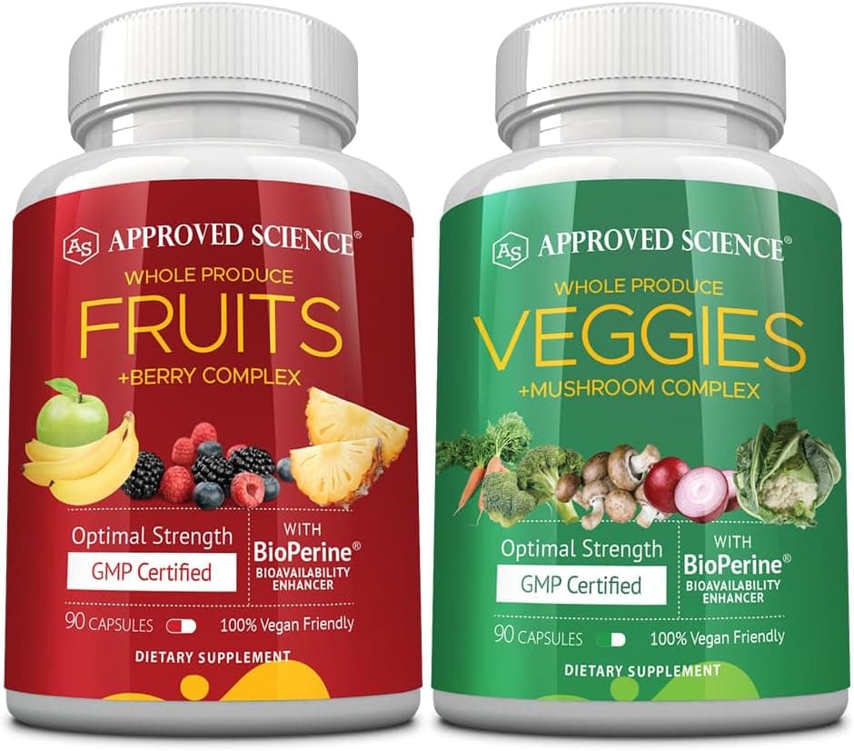Approved Science Fruits Veggies 42 Whole Fruit and Veggie Supplement Enhanced Health Vitality Daily Natural Vitamins Minerals Antioxidants 90 Capsules Each 1Month Supply