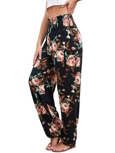 QIANXIZHAN Women's Harem Pants, High Waist Yoga Boho Trousers with Pockets Rose Black XL