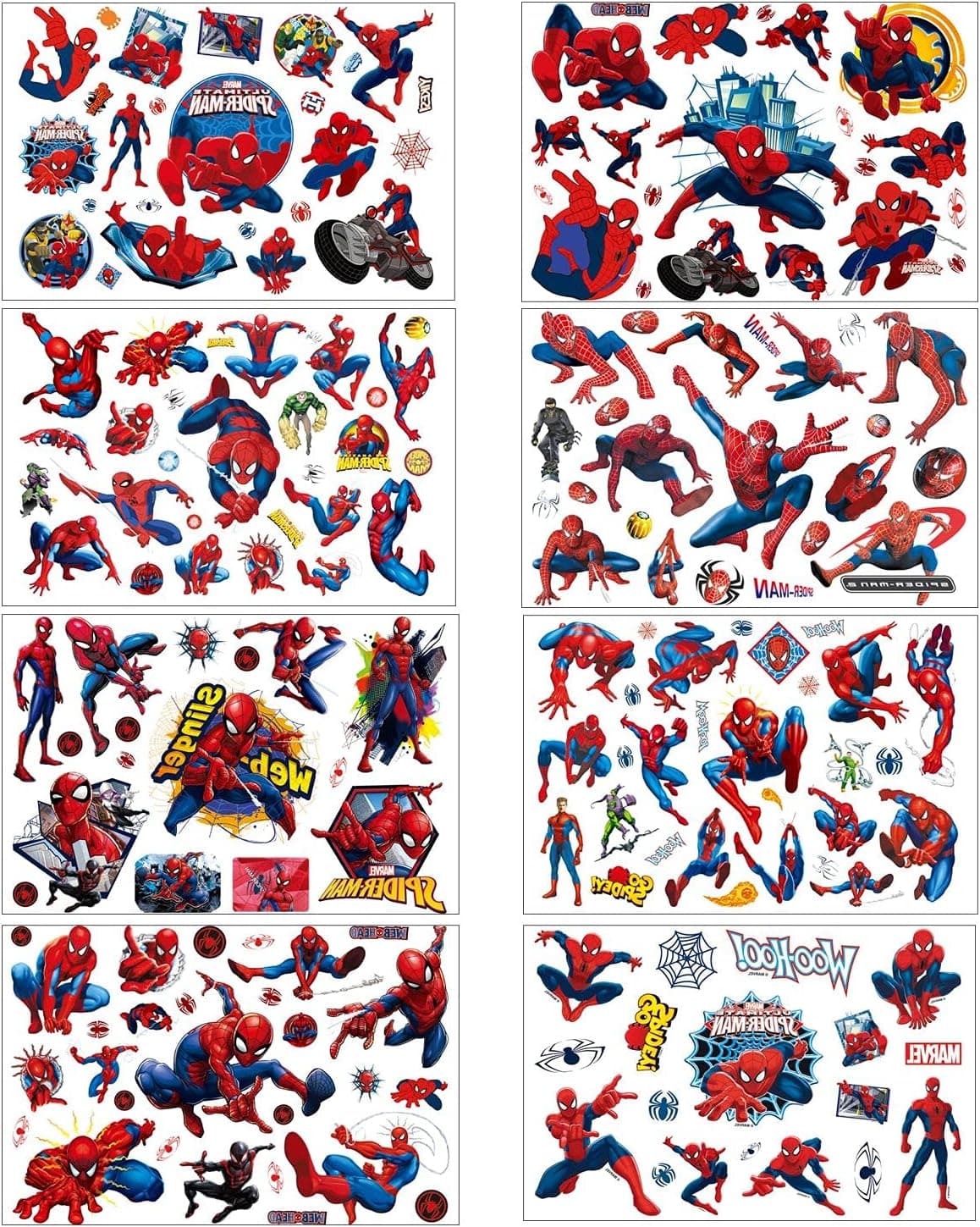8 Sheets SpidderMan Temporary Tattoo Set 200pcs Spiderman Fake Waterproof Temporary Tattoo Sticker for Kids Boy Girl Teens Birthday Party Bags Fillers Favors Supplies Gifts