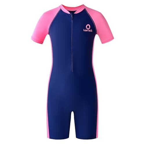 karrack Girls and Boys One Piece Rash Guard Swimsuit Kid Water Sport Short Swimsuit UPF 50+ Sun Protection Bathing Suits (Size 6-7Years) Blue-Pink