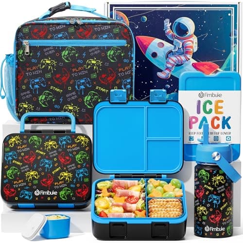 Fimibuke Bento Lunch Box for Kids - Toddler Bento Snack box with 3 Compartments, Stainless Steel Insulated Water Bottle, Lunch Bag, Ice Pack Set, Back to School Birthday Gifts for Ages 3-12 Girls Boys