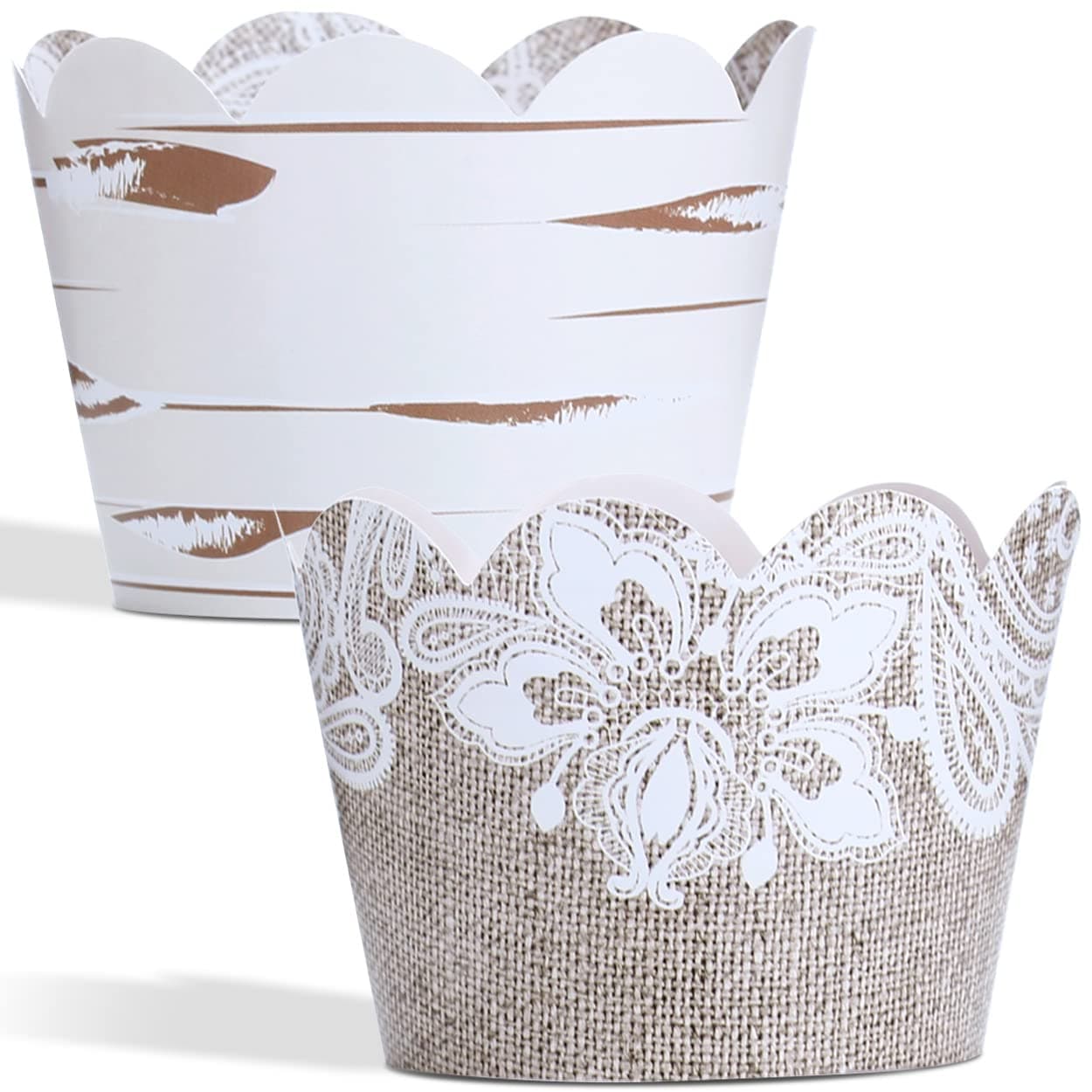 Burlap and Lace Cupcake Wrappers 48 Count Rustic Birch and Wood Grain Design Burlap Cupcake Wrappers for Weddings and Parties by Pretty Cute Studios