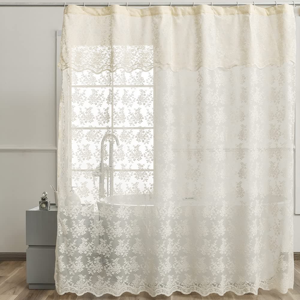 YJ YANJUN Ivory Lace Shower Curtain Shabby Chic Flower Shower Curtain with Attached Valance Luxury Lace Shower Curtain for Bathroom Farmhouse Shower Curtains 72 x 72 Inch Light Beige