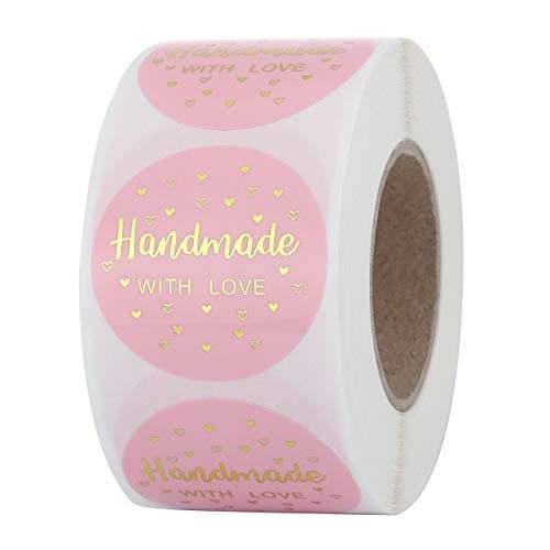 Yoption 1.5 Inch Round Handmade with Love Stickers Pink for Packaging, Cookie Bags, Small Shop Local Handmade, 500 Labels per Roll