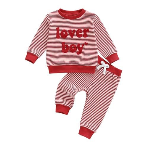 Lesimsam Toddler Baby Boy Valentines Outfit Lover Boy Embroidery Long Sleeve Waffle Knit Sweatshirt and Pants Set (Striped-Red, 12-18 Months)