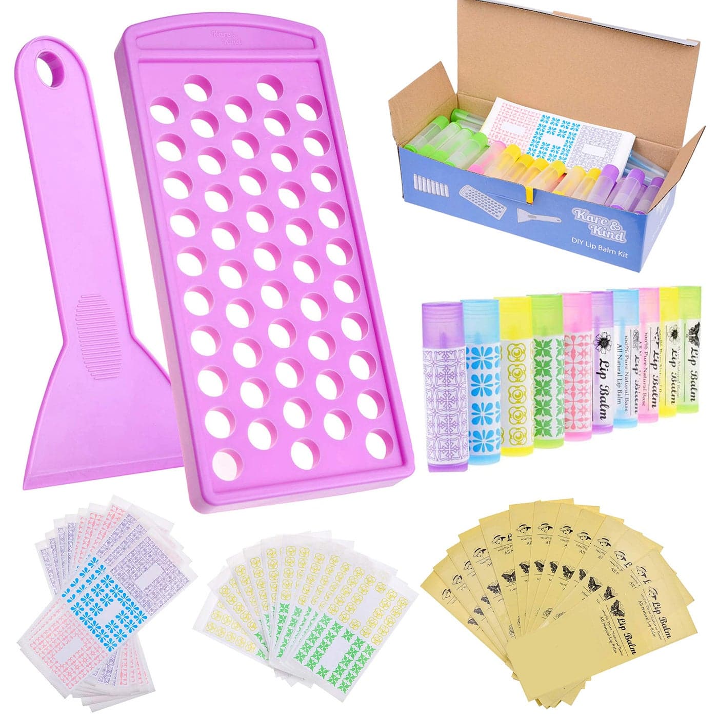 Kare Kind Lip Balm Crafting Kit Easy Lip Balm Filling Tray and Spatula 50 Empty Lip Balm Tubes with Caps 10x5 Colors 316 Oz 55 ml 50 Writeable and 50 Printed Stickers M