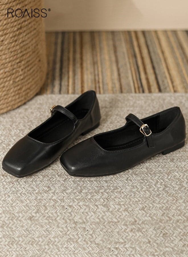 Women's Mary Jane Flats Square Toe Single Buckle Strap Low Cut Comfort Sole Retro Chic Shoes Ladies French Soft Leather Shoes Versatile Flats Black