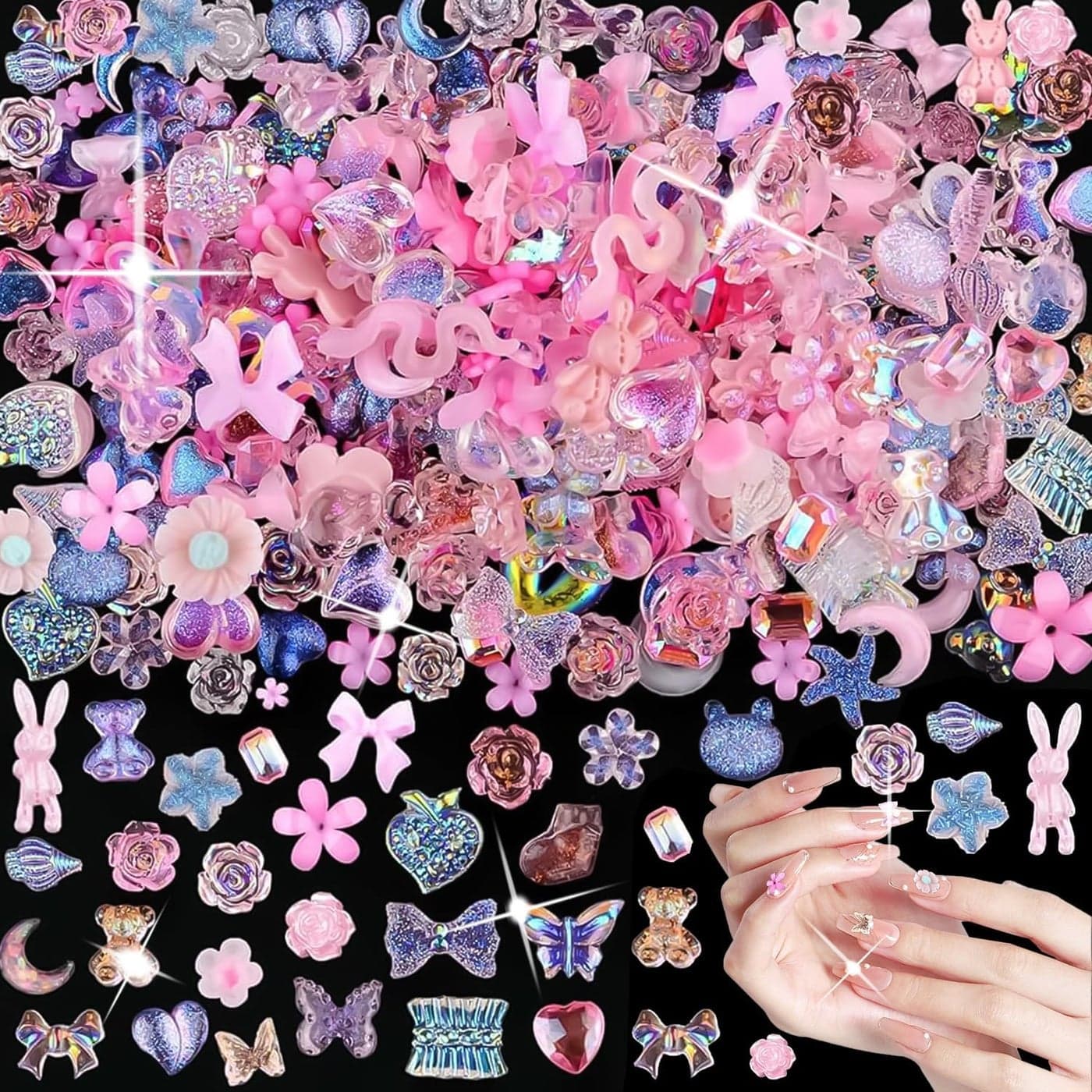 Pink Nail Bow Charms Kit 400Pcs 3D Nail Decorations for Nail Art MultiShape Nail Accessories Including Bows Hearts Stars for DIY Crafts and Nail Designs