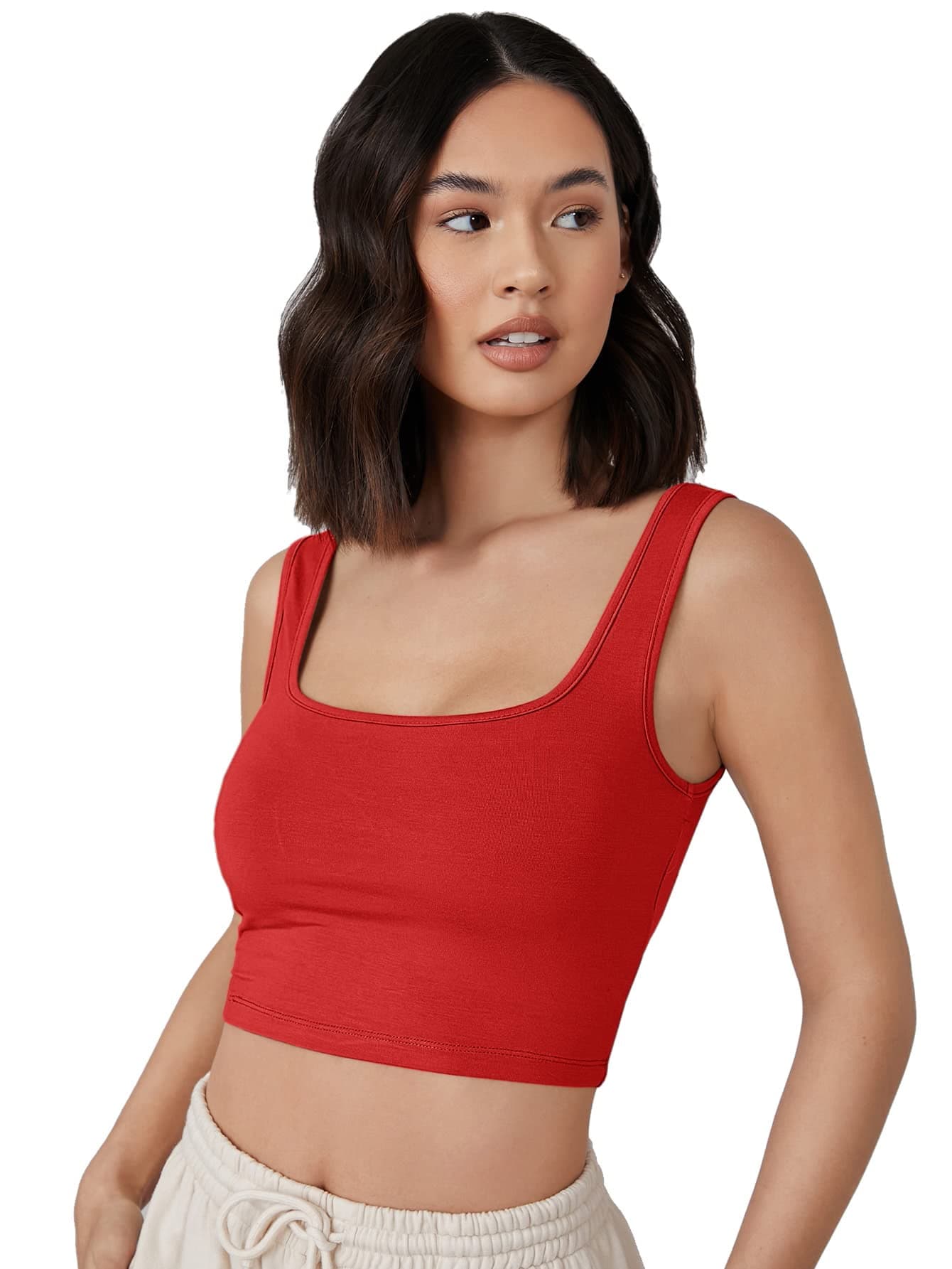 Aahwan Cotton Red Solid Ribbed Square Neck Slim Fit Tank Top For Women's & Girl's (168-Red-Medium)