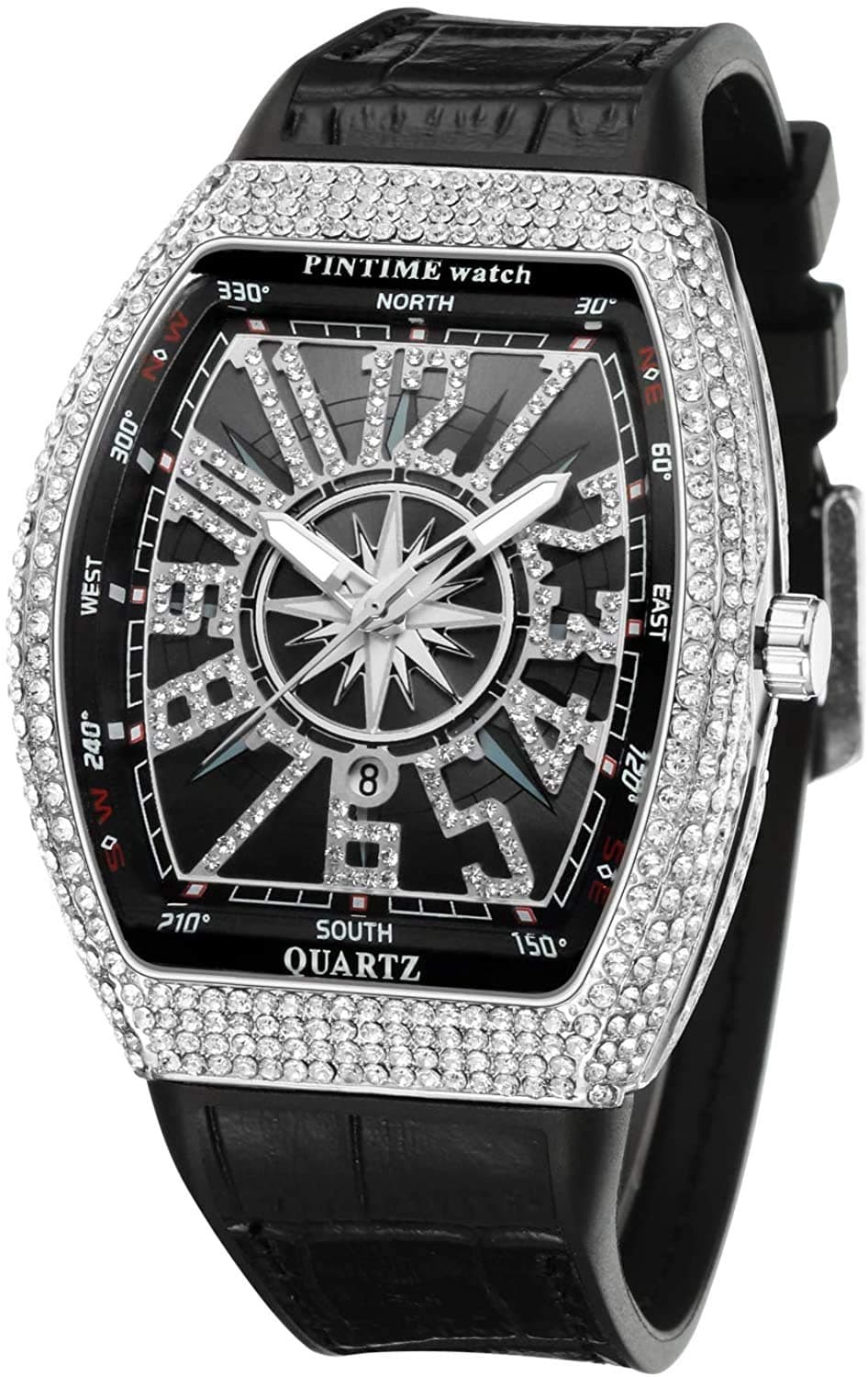 FANMIS Mens Skull Big Face Watches Rectangle Punk Diamond Dial Leather Strap Calendar Quartz Sports Wrist Watch (Silver Black)