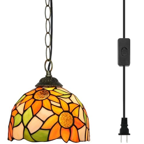 Blivuself Tiffany Pendant Light Yellow Sunflower Stained Glass Hanging Lamp 8 Inches Vintage Decoration Lighting for Home Living Dining Room Hallway Kitchen Island