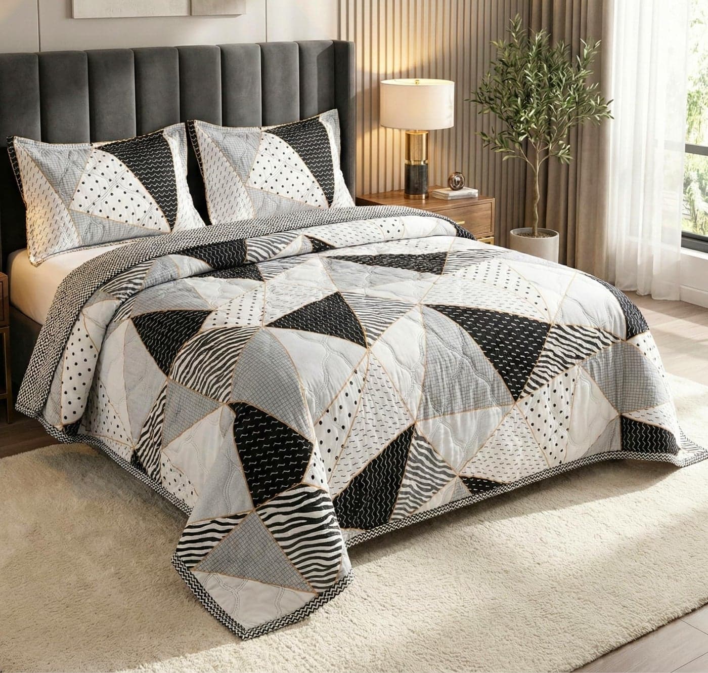 BSB Home Cotton All-Weather Embroidered Ultrasonic Quilted Thread Free 3 Pcs Comforter Set with Pillow Shams- Light Weight Bedspread/Duvet/Quilt - Double, 150 GSM | White and Black
