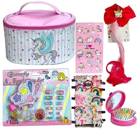 TERA 13 Unicorn Make Up Accessories for Women, Girls Cosmetic, Unicorn Cosmetic Bag Case for Girls 6 in 1 Cobmbo Uniorn Hair Clip, Nail Art, Unicorn Hair Brush & Mirror Unicorn Make Up Kit