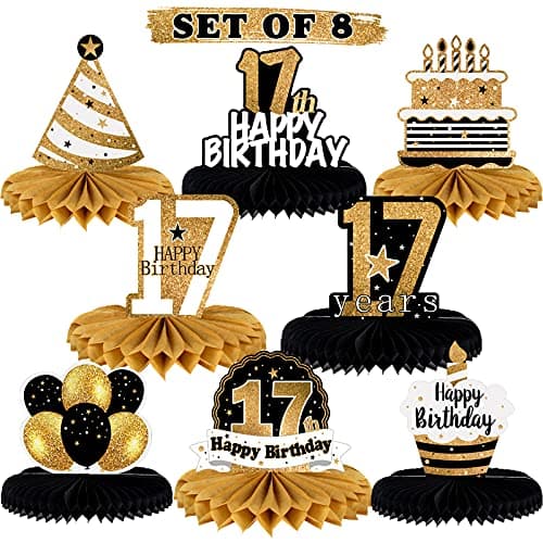 LINGTEER Happy 17th Birthday Table Honeycomb Centerpieces Cheers to 17th Birthday Seventeen Years Old Party Table Decorations Gift Sign