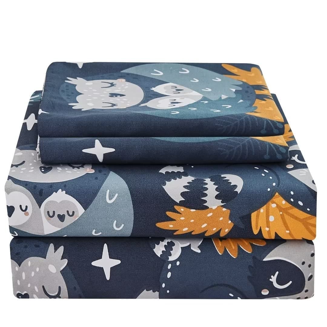 JSD Navy Blue Owl Kids Sheet Set Full Size 4 Piece Forest Animals Printed Microfiber Bed Sheets Deep Pocket