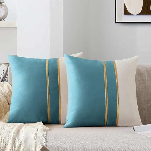 AEROHAVEN™ Set of 2 Premium Velvet with Gold Stripes Decorative Throw Pillow/Cushion Covers with Invisible Zipper - (16 x 16 Inch, Aqua)