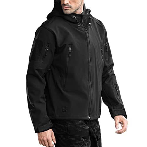 FREE SOLDIER Men's Outdoor Waterproof Soft Shell Hooded Military Tactical Rain Jacket (Black, L)