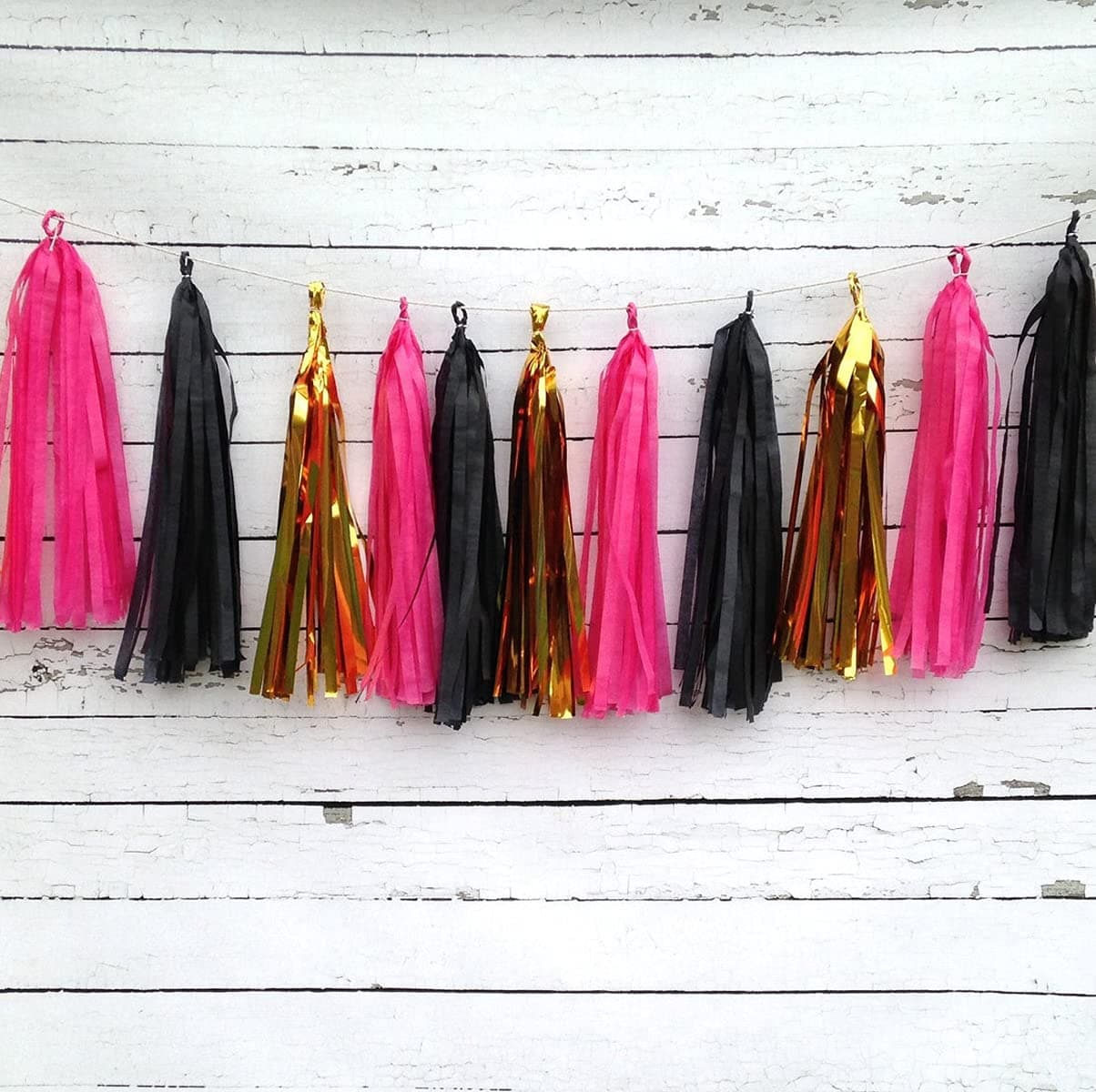 AMFIN® 15 Pcs., 8 Mtr. Paper Tassels Garland, Black, Dark Pink and Golden