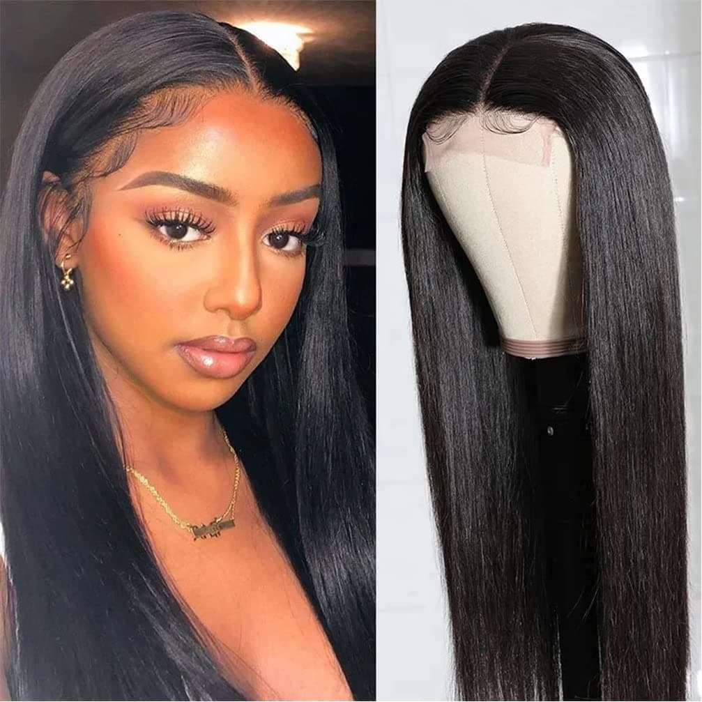 Lace Front Wigs Human Hair PrePlucked and 1 wig hairnet Long Straight Dark Black Middle Part Heat Resistant Soft Hair for Black Women Daily26 Inch