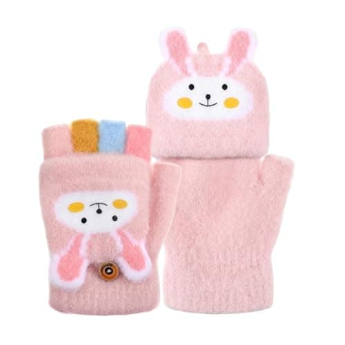 PATPAT® Pink Bunny Flip Winter Gloves for Girls 4-12 Years | Warm Half Finger Kids Gloves with Guard Flap, Kids Hand Gloves for Outdoor Skiing, Cycling, Running, Mountain Climbing, Hiking, Writing