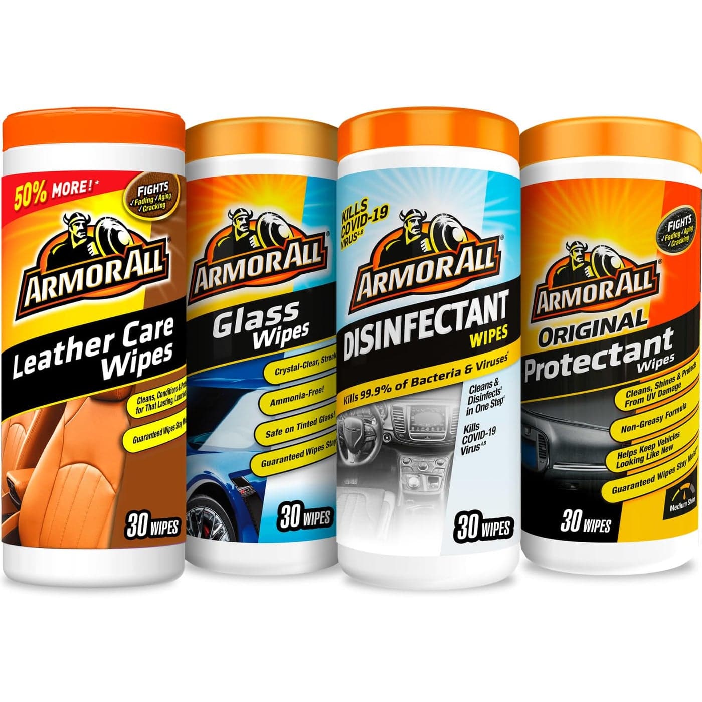 Armor All Interior Car Cleaning Wipes Kit Disinfects Protects and Cleans Car Interiors Includes Leather Care Wipes Glass Wipes Disinfectant Wipes and Protectant Wipes 4 Count