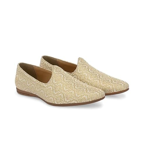San Frissco Men's Embroidered Mojaris Casual Slip-On Shoes | Soft Cushioned Footbed Insole with TPR Sole | Stylish Lightweight Jutti Perfect for Party Weddings Festive Season - 11(Beige)