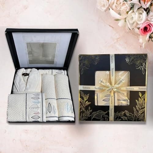 SENSES by Riba 5 Pcs Luxury Wedding Trousseau Gift Box Set - Plush Cotton Bathrobe, Embroidery Bath Towel Set, Hand Towel Combo - Ivory Color (Abstract Leaf Embroidery Gift Set)