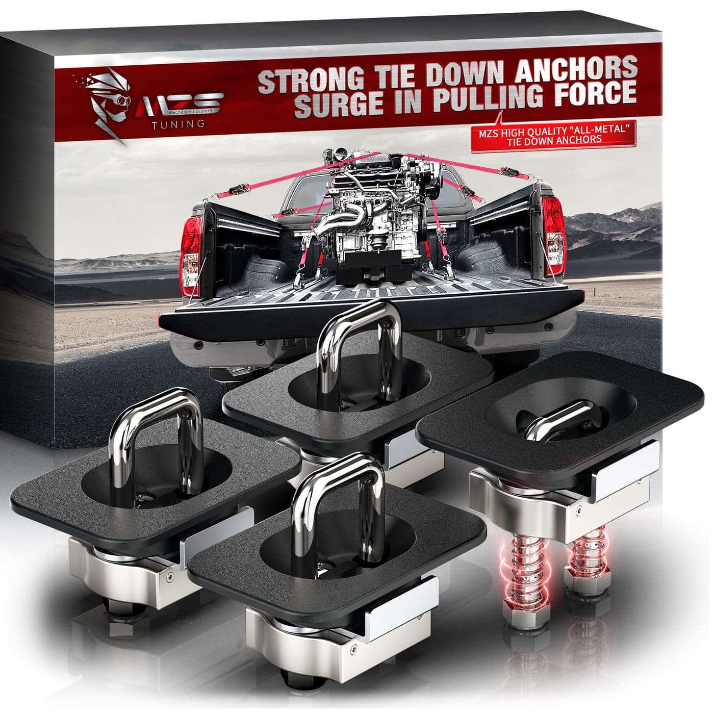 MZS Tie Down Anchors Retractable DRing Compatible with Ram F150 SilveradoSierra F250 F350 Ranger All Metal Top Side 4 Pack
