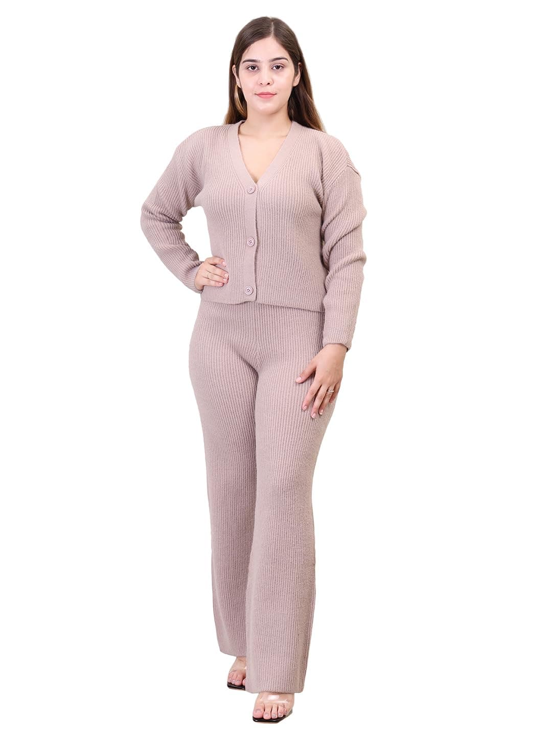 CAMEY Women's Solid Long Sleeve V-Neck Open Button Woolen Co-Ord Set (In, Alpha,Medium, Regular, Beige)