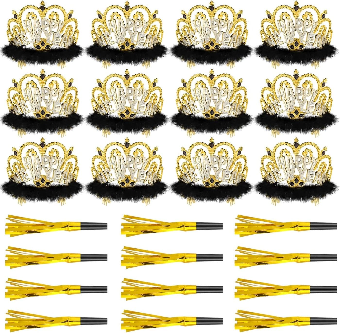 Leitee 24 Pcs 2025 New Years Eve Party Supplies Include 12 Happy New Year Headband Tiara Crow with Fauxfur 12 Squawkers Fringed Noisemakers for 2025 Year Eve Christmas Party Supplies