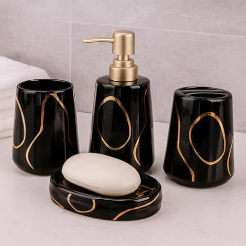 Whizzo Premium Black & Gold Ceramic Bathroom Accessories Set | 4-Piece Luxury Bathroom Set with Soap Dispenser, Toothbrush Holder, Tumbler & Soap Dish for Modern Homes & Hotels (BS-802, Black)